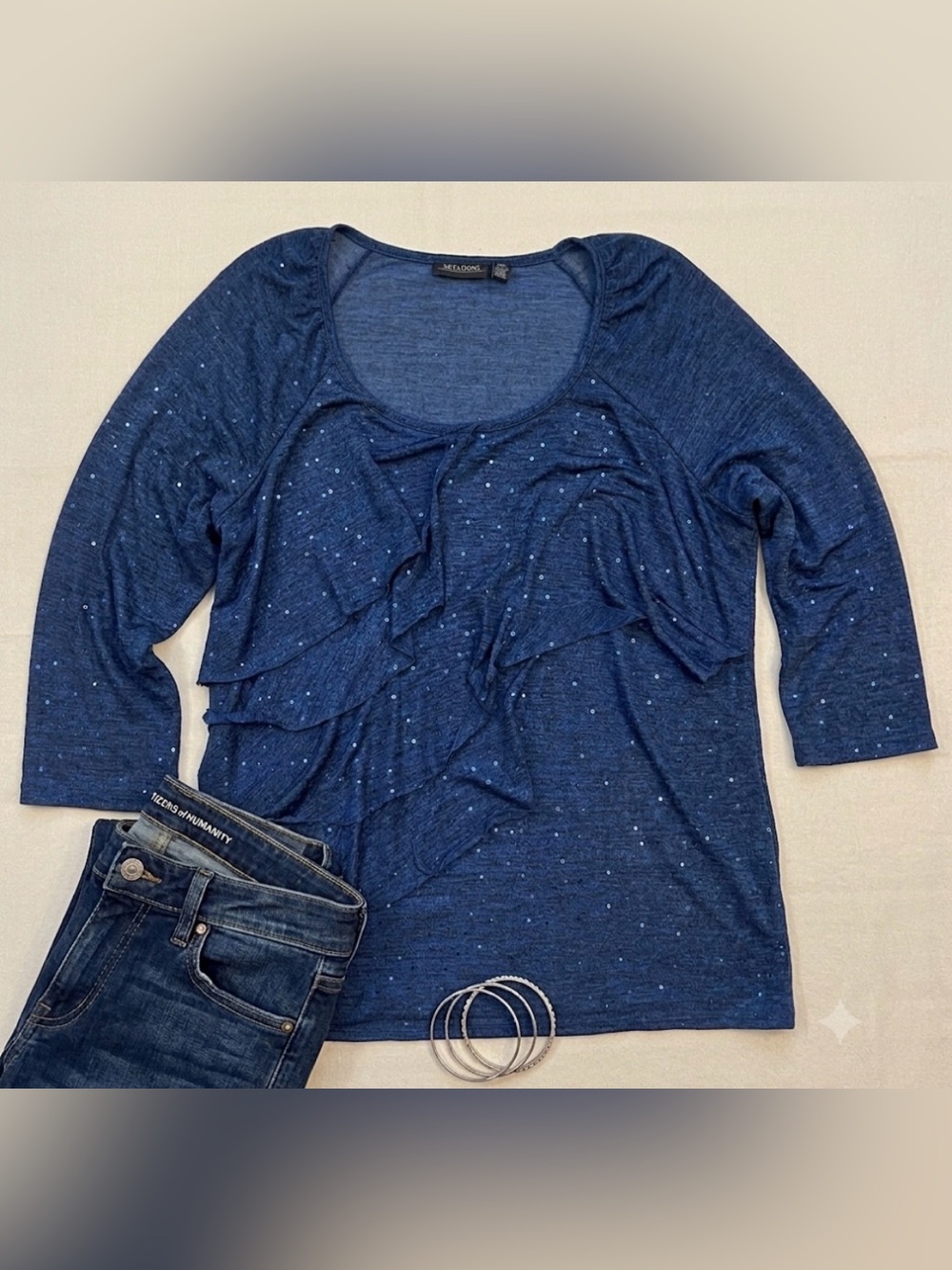 Notations Navy Blue Ruffle Sequin 3/4 Sleeve Top